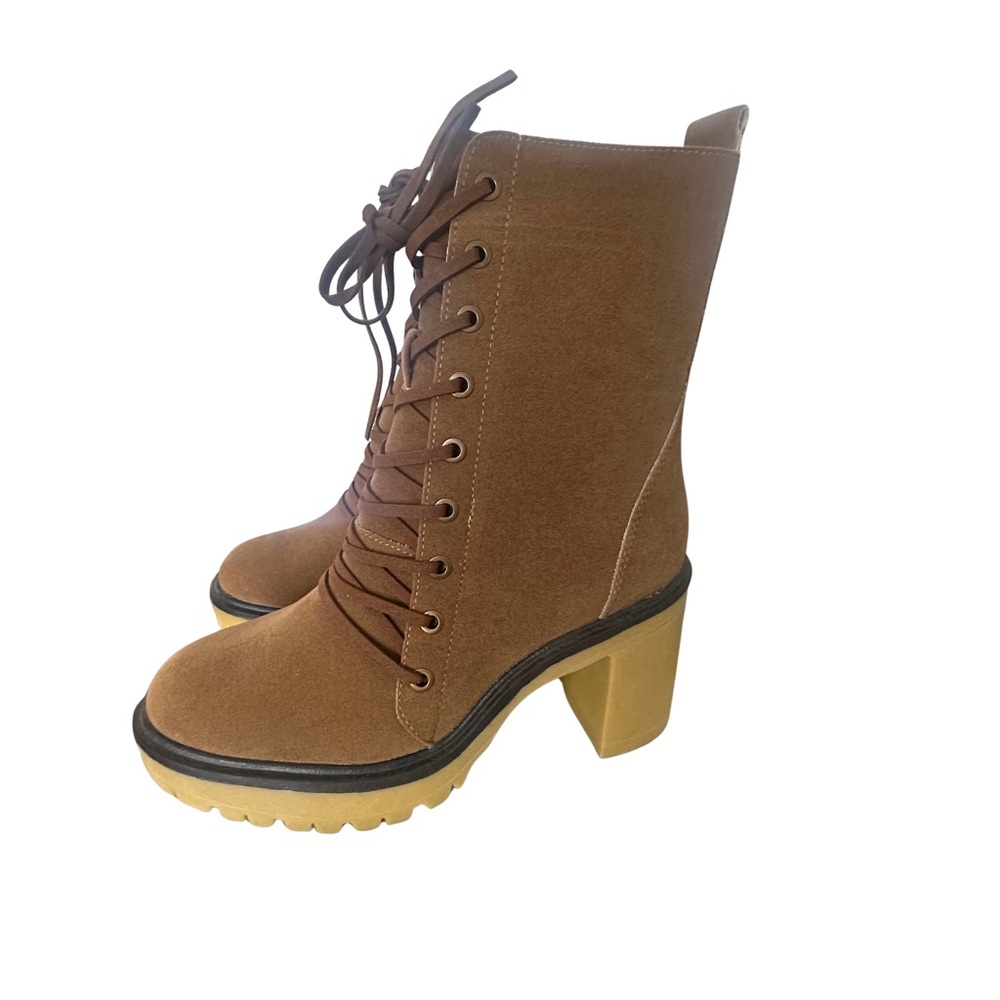 Camel Lace-Up Heeled Booties